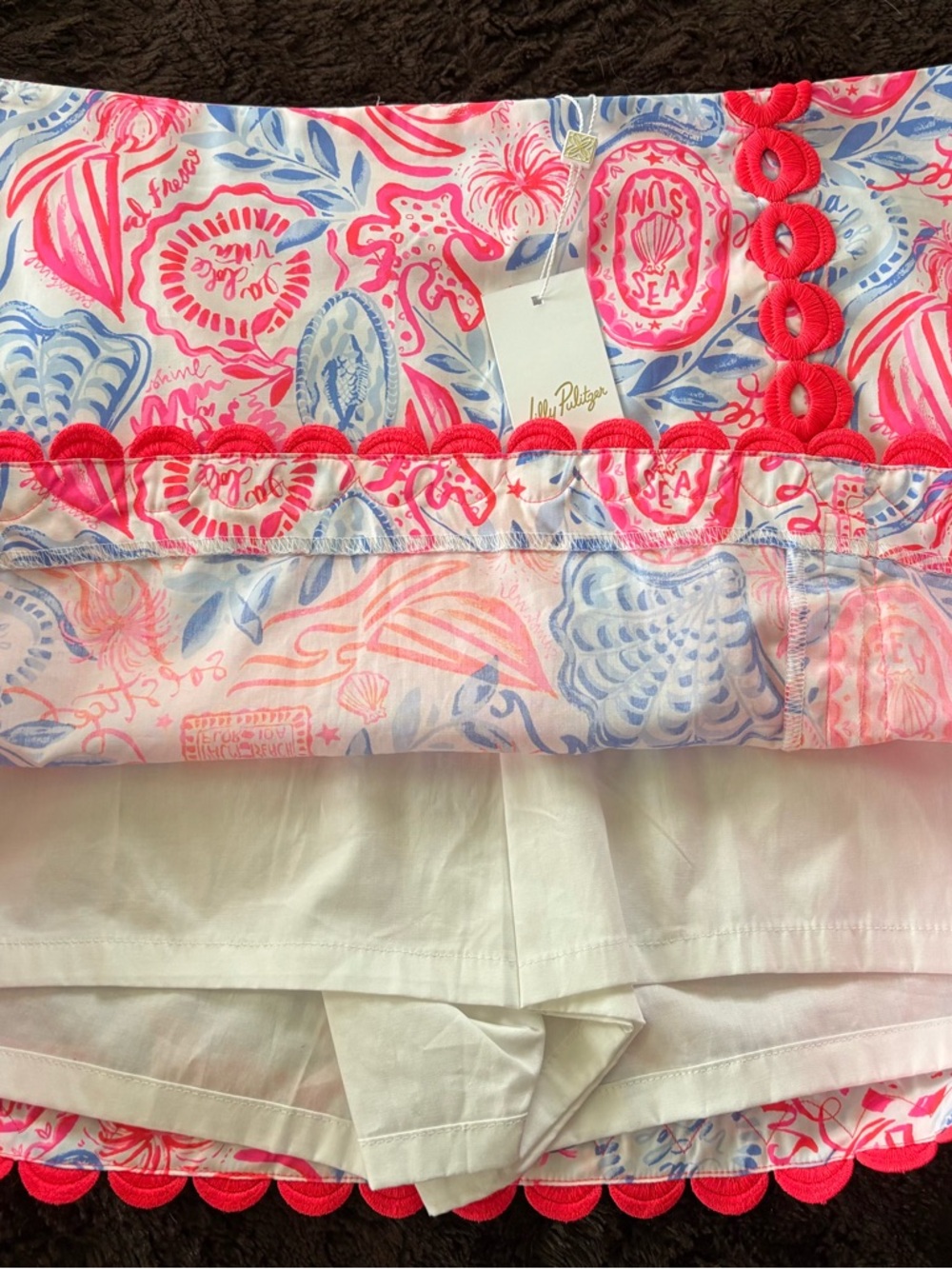 Lilly Pulitzer Neon Pink and Light Blue Shell-Print Skort with Pom Trim - Picture 3 of 4